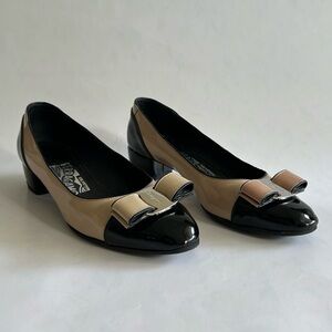Ferragamo Black and Beige Patent Vara Bow Pump